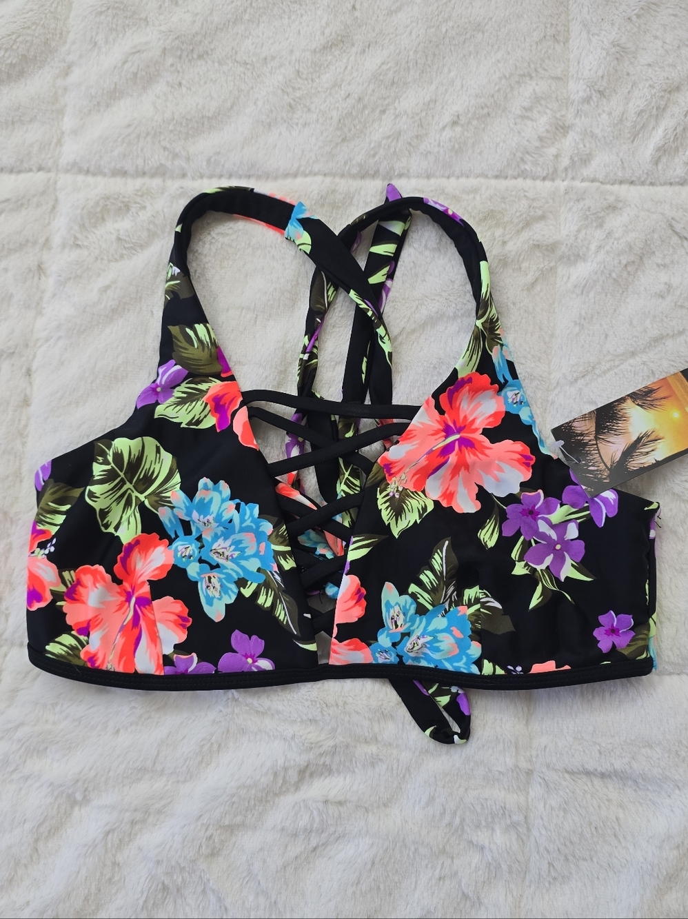 NWT Endless Sun Floral Crisscross Bralette Swim Top - Size XL